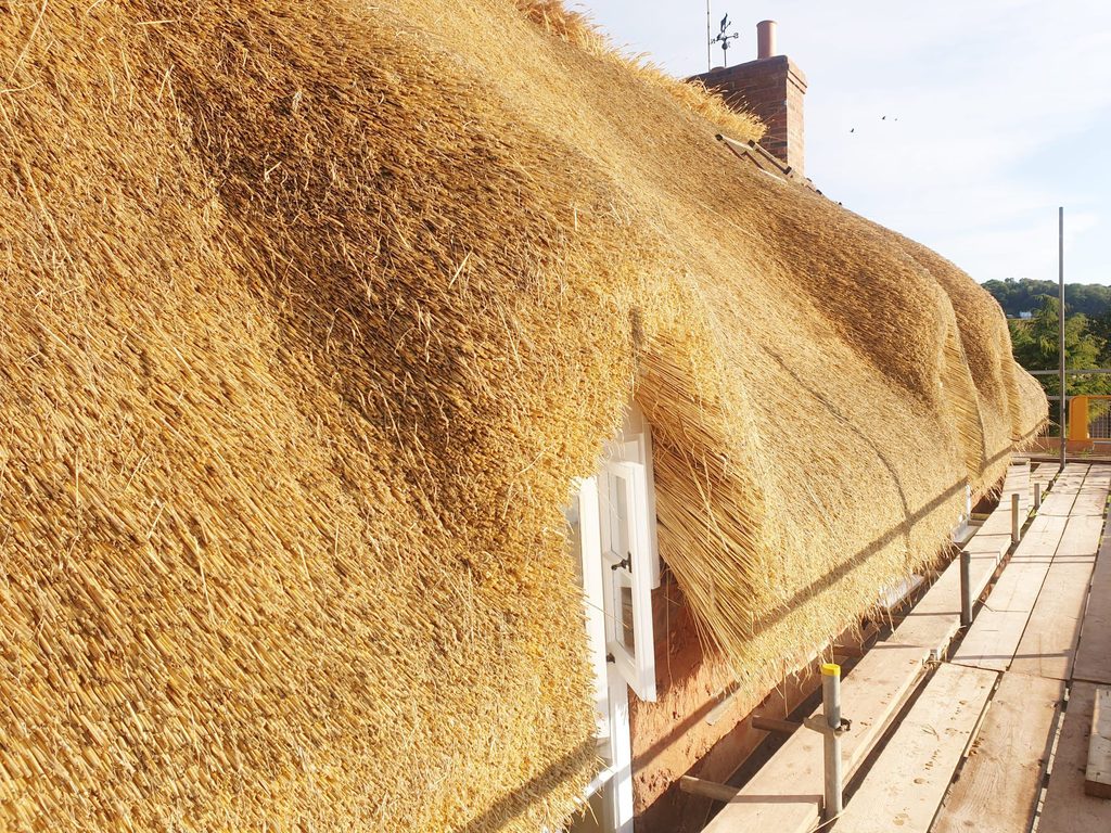 Detail of a traditional wheat straw thatched roof with a dormer window